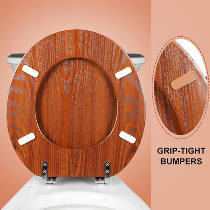 Round Toilet Seat Molded Wood Toilet Seat with Zinc Alloy Hinges, Easy to Install also Easy to Clean, Anti-pinch Wooden Toilet Seat (Round, Brownish Yellow)