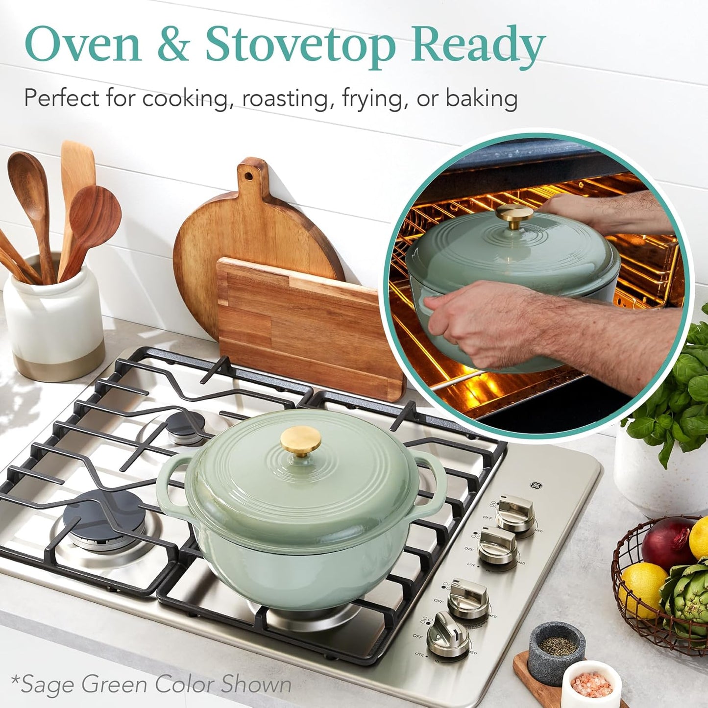 6 Quart Enamel Cast-Iron Round Dutch Oven, Family Style Heavy-Duty Pre-Seasoned Cookware for Home, Kitchen, Dining Room, Oven Safe w/Lid, Dual Handles - Lemon Meringue