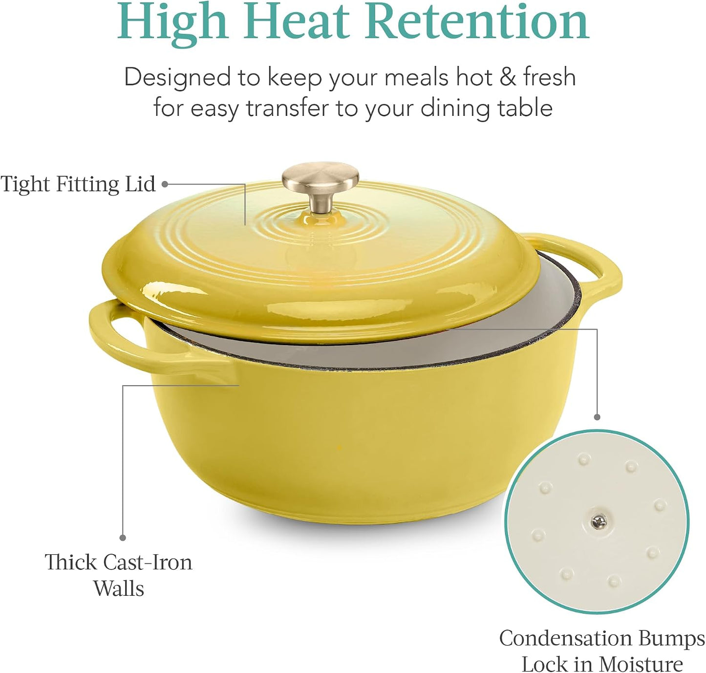 6 Quart Enamel Cast-Iron Round Dutch Oven, Family Style Heavy-Duty Pre-Seasoned Cookware for Home, Kitchen, Dining Room, Oven Safe w/Lid, Dual Handles - Lemon Meringue