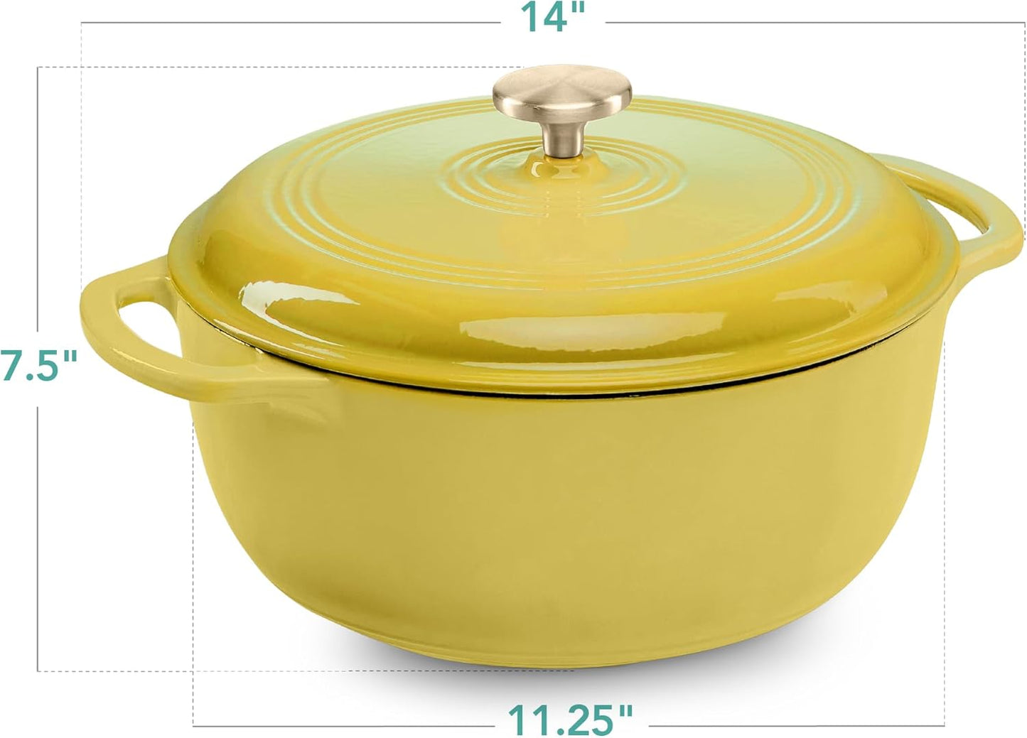 6 Quart Enamel Cast-Iron Round Dutch Oven, Family Style Heavy-Duty Pre-Seasoned Cookware for Home, Kitchen, Dining Room, Oven Safe w/Lid, Dual Handles - Lemon Meringue