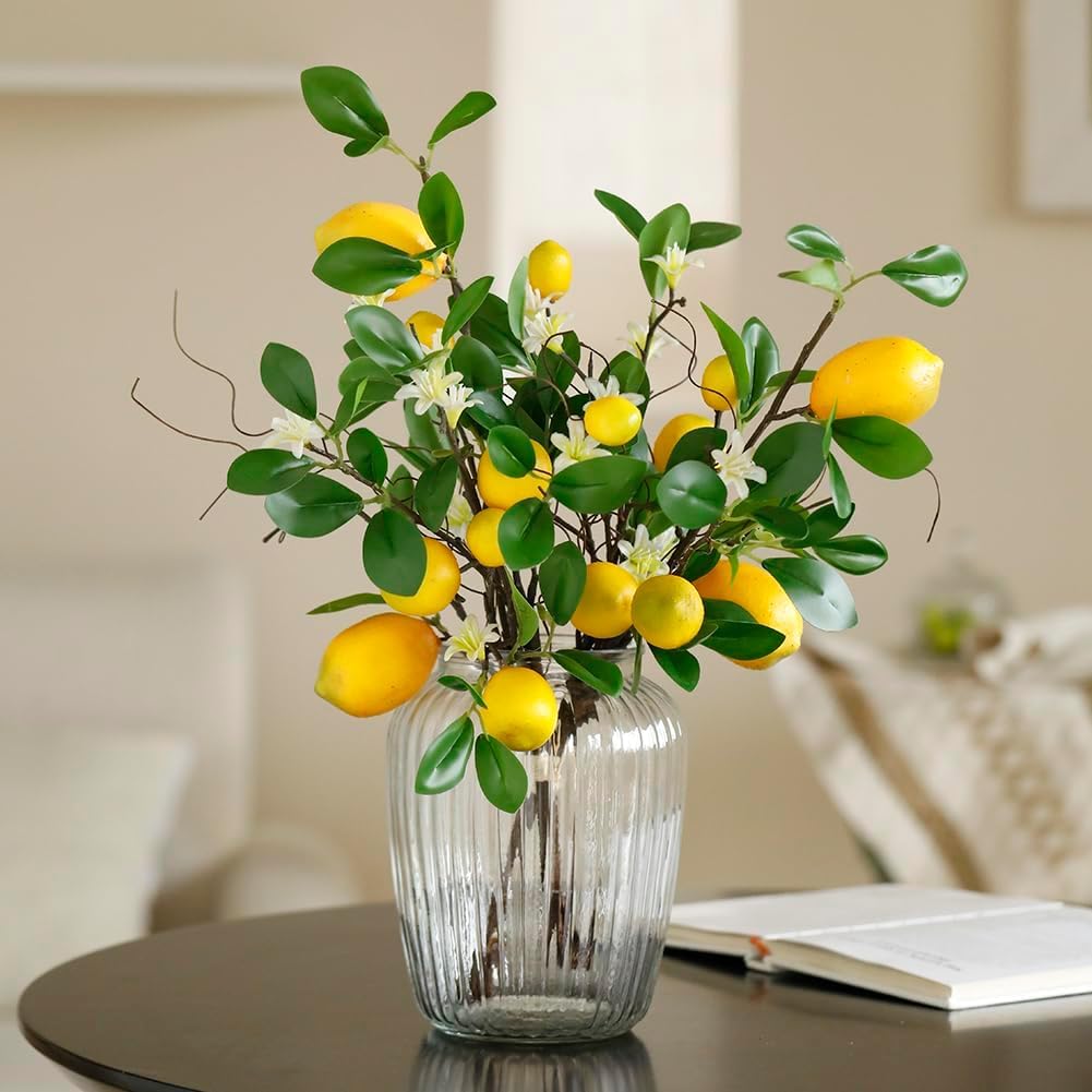 2 Bunches Artificial Lemons Branches Faux Lemons Fruit with Stem Fake Lemon Decoration for Kitchen Farmhouse Decor (Yellow)…