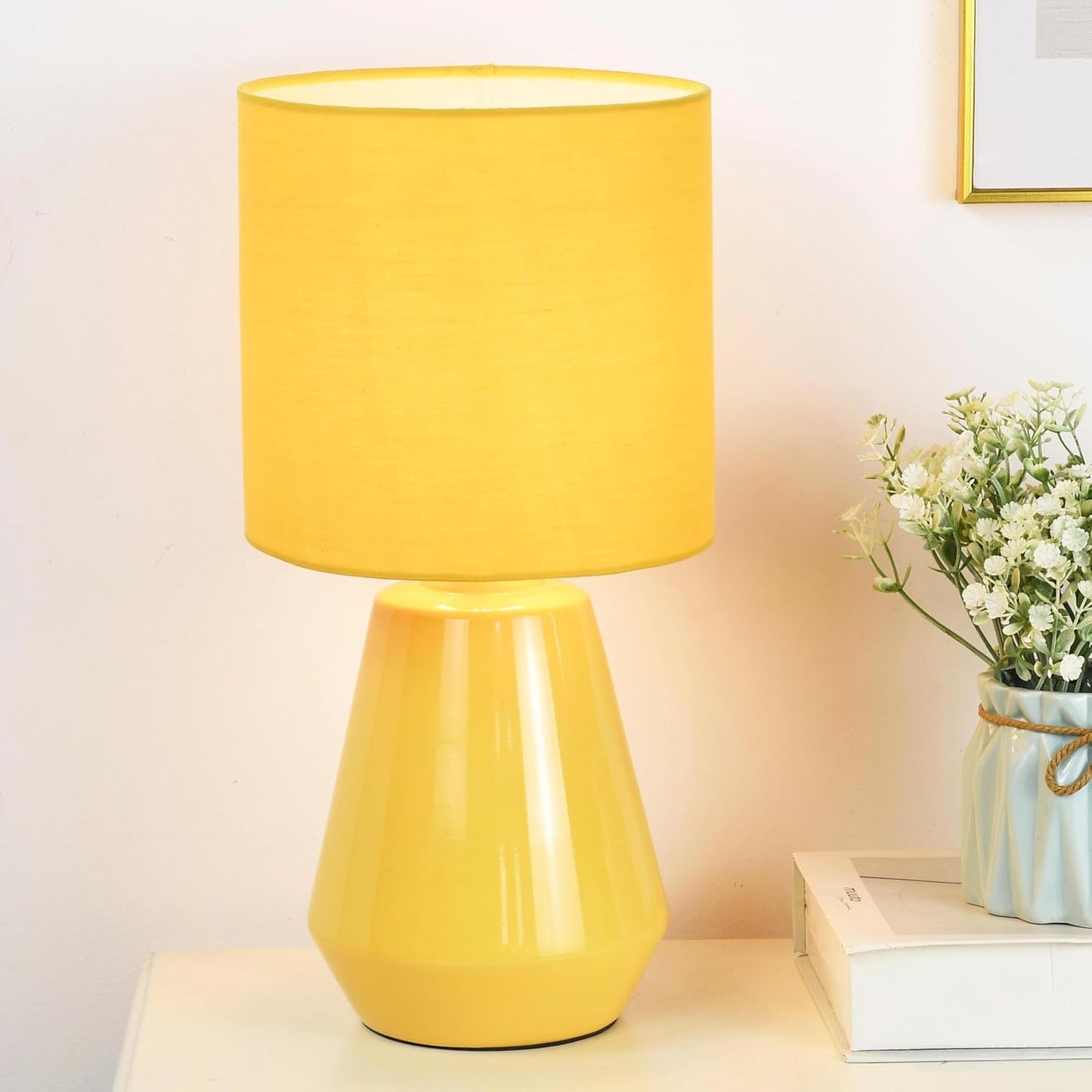 Vane Small Ceramic Table Lamp for Living Room and Bedroom,Modern Kids Night Table Lamp,Φ7.09×H13.39IN,Bulb Excluded,Yellow