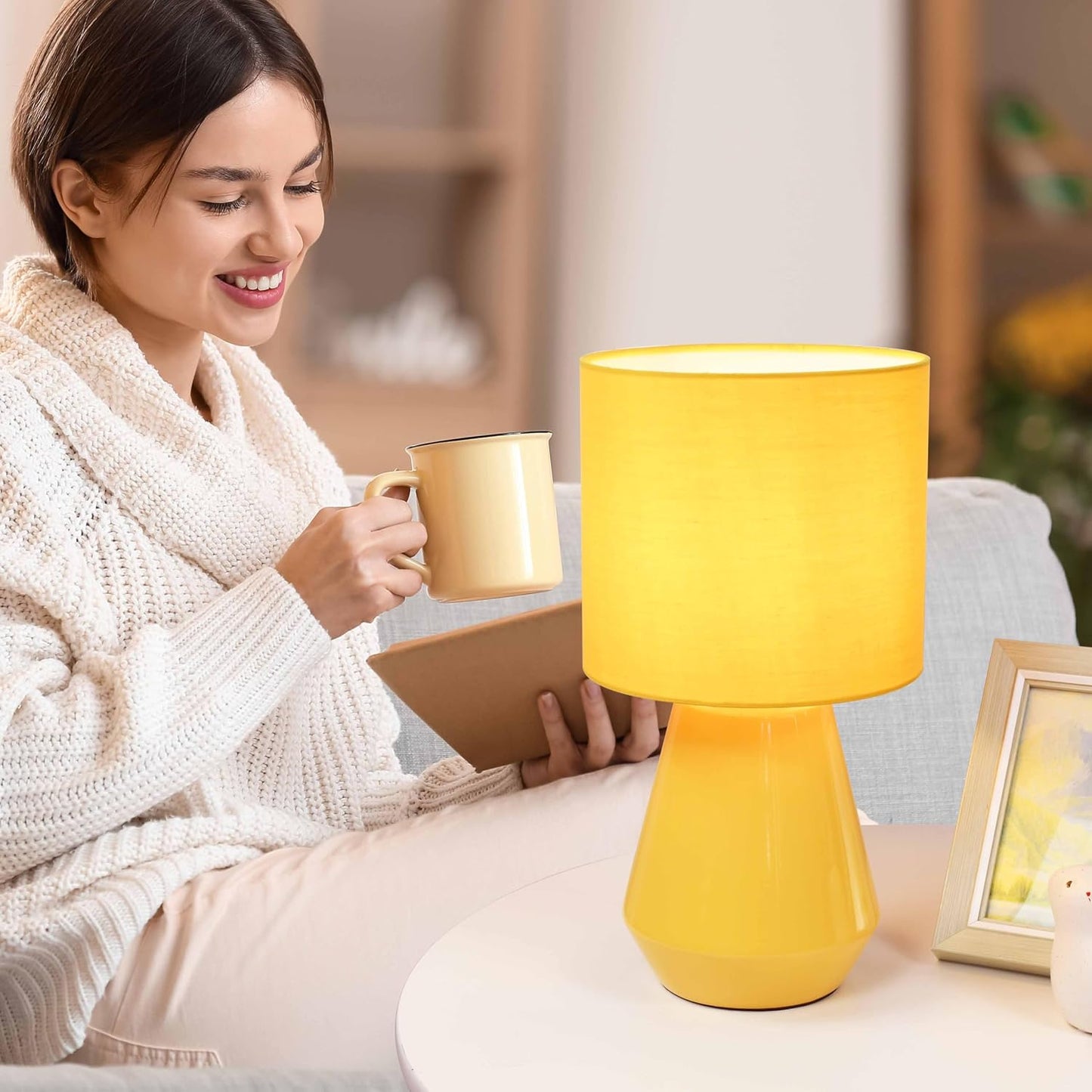 Vane Small Ceramic Table Lamp for Living Room and Bedroom,Modern Kids Night Table Lamp,Φ7.09×H13.39IN,Bulb Excluded,Yellow