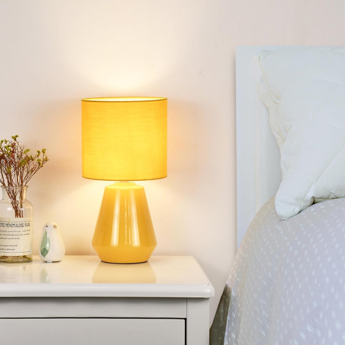 Vane Small Ceramic Table Lamp for Living Room and Bedroom,Modern Kids Night Table Lamp,Φ7.09×H13.39IN,Bulb Excluded,Yellow