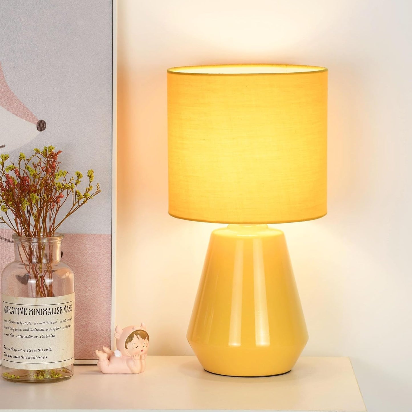 Vane Small Ceramic Table Lamp for Living Room and Bedroom,Modern Kids Night Table Lamp,Φ7.09×H13.39IN,Bulb Excluded,Yellow