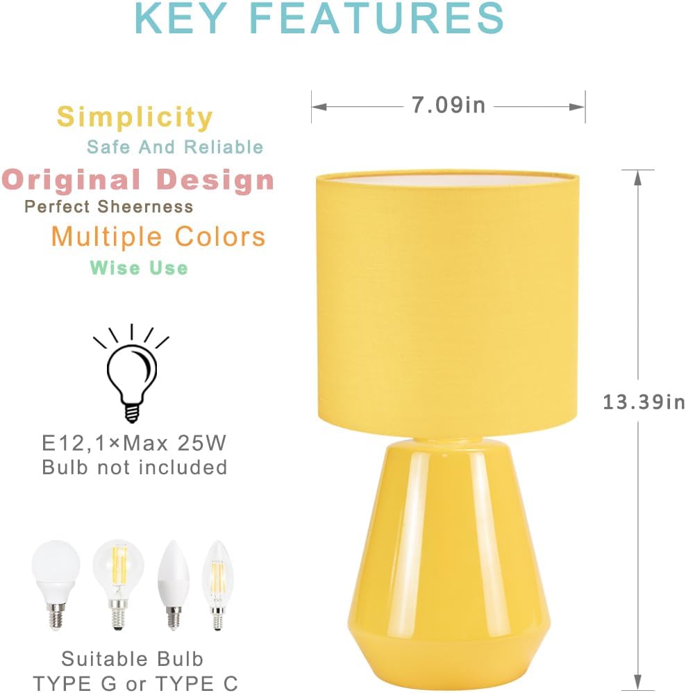 Vane Small Ceramic Table Lamp for Living Room and Bedroom,Modern Kids Night Table Lamp,Φ7.09×H13.39IN,Bulb Excluded,Yellow