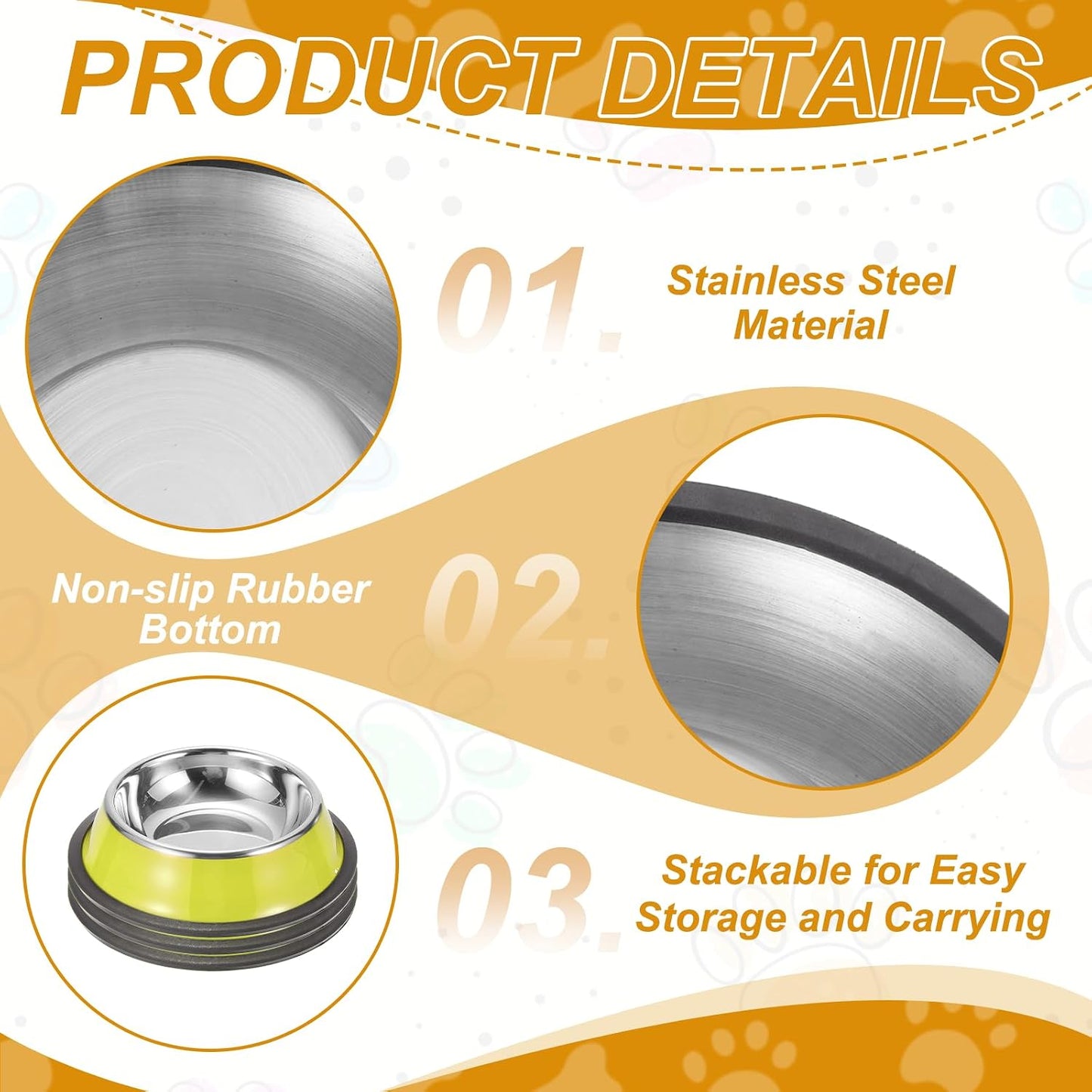 Stainless Steel Dog Bowl, Dog Food and Water Bowl with Silicone Base Anti-Slip Quiet Bottom Pet Feeding Dish,(6.8oz, Yellow, 3Pcs), Intended for Small/Medium/Large Puppies/Cat