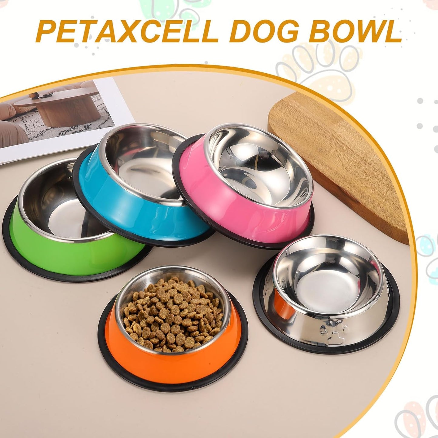 Stainless Steel Dog Bowl, Dog Food and Water Bowl with Silicone Base Anti-Slip Quiet Bottom Pet Feeding Dish,(6.8oz, Yellow, 3Pcs), Intended for Small/Medium/Large Puppies/Cat