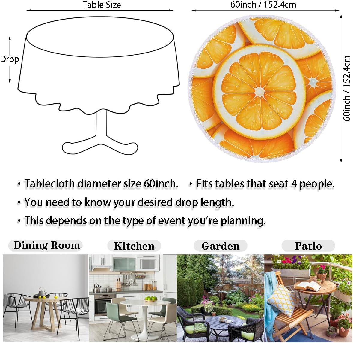 Round Table Cloth Orange Lemon Slice Pattern Waterproof Polyester Tablecloth Wrinkle Resistant Table Cover for Kitchen Party Home