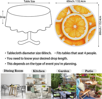 Round Table Cloth Orange Lemon Slice Pattern Waterproof Polyester Tablecloth Wrinkle Resistant Table Cover for Kitchen Party Home