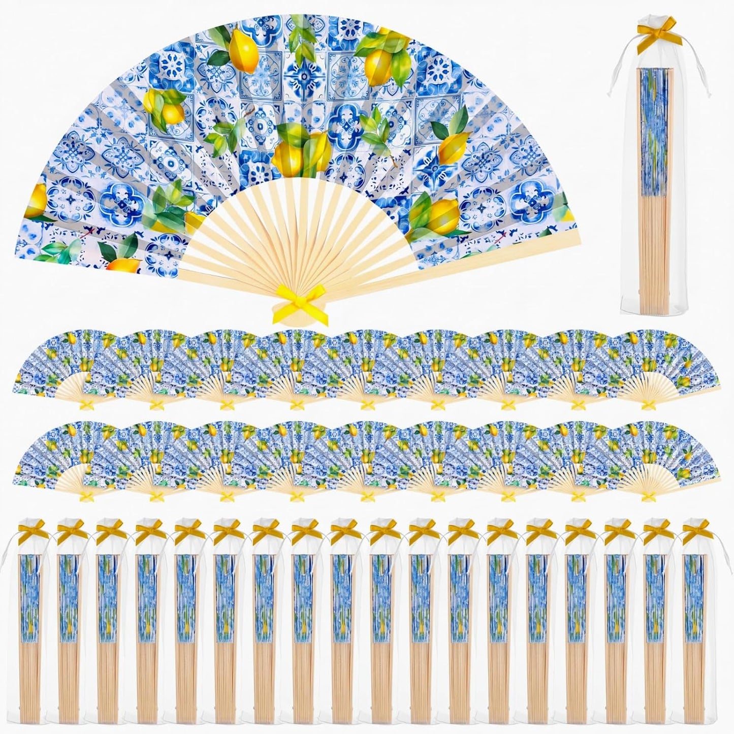 36 Sets Lemon Handheld Folding Fans with White Organza Bags and Yellow Bows Tile Capri Lemon Hand Fan Bulk for Wedding Guests Gift Bridal Party Decorations Church Baby Shower Supplies