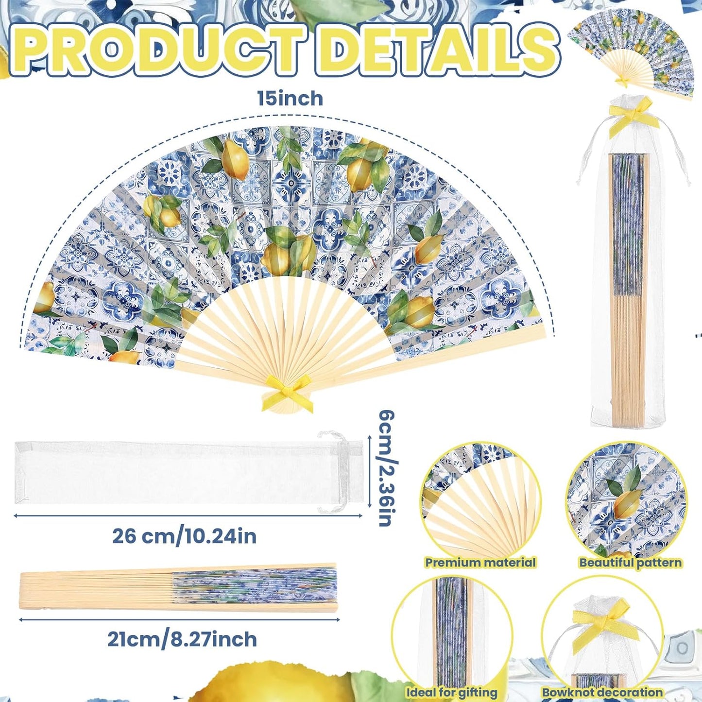 36 Sets Lemon Handheld Folding Fans with White Organza Bags and Yellow Bows Tile Capri Lemon Hand Fan Bulk for Wedding Guests Gift Bridal Party Decorations Church Baby Shower Supplies