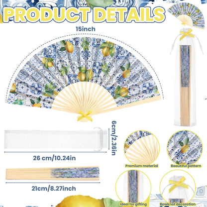 36 Sets Lemon Handheld Folding Fans with White Organza Bags and Yellow Bows Tile Capri Lemon Hand Fan Bulk for Wedding Guests Gift Bridal Party Decorations Church Baby Shower Supplies