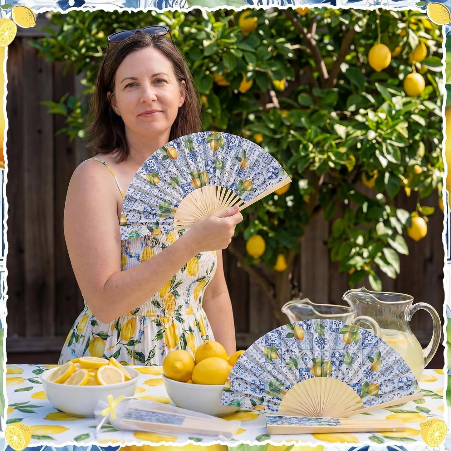36 Sets Lemon Handheld Folding Fans with White Organza Bags and Yellow Bows Tile Capri Lemon Hand Fan Bulk for Wedding Guests Gift Bridal Party Decorations Church Baby Shower Supplies