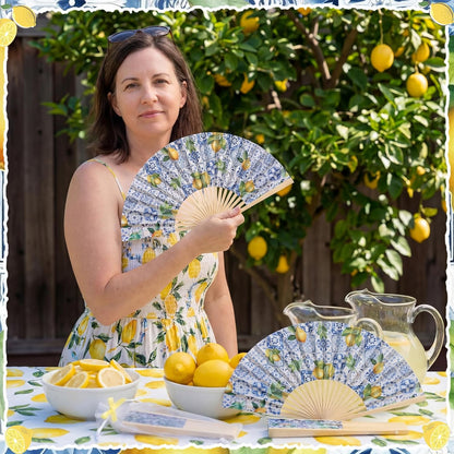 36 Sets Lemon Handheld Folding Fans with White Organza Bags and Yellow Bows Tile Capri Lemon Hand Fan Bulk for Wedding Guests Gift Bridal Party Decorations Church Baby Shower Supplies