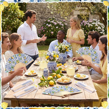 36 Sets Lemon Handheld Folding Fans with White Organza Bags and Yellow Bows Tile Capri Lemon Hand Fan Bulk for Wedding Guests Gift Bridal Party Decorations Church Baby Shower Supplies