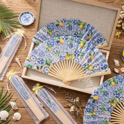 36 Sets Lemon Handheld Folding Fans with White Organza Bags and Yellow Bows Tile Capri Lemon Hand Fan Bulk for Wedding Guests Gift Bridal Party Decorations Church Baby Shower Supplies