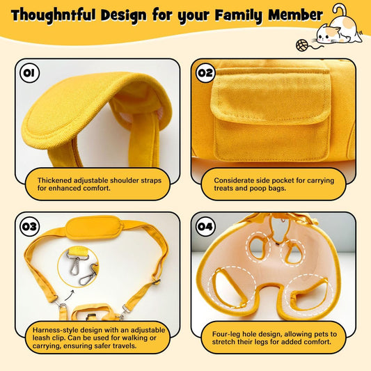 Foldable Pets Outdoor Travel Carrier with Legs-Out Holes and Walkable Harness,Hand-Held & Shoulder Carry Pets Soft-Sided Carriers, Dog and Cats Carrier Slings(Yellow, Small)