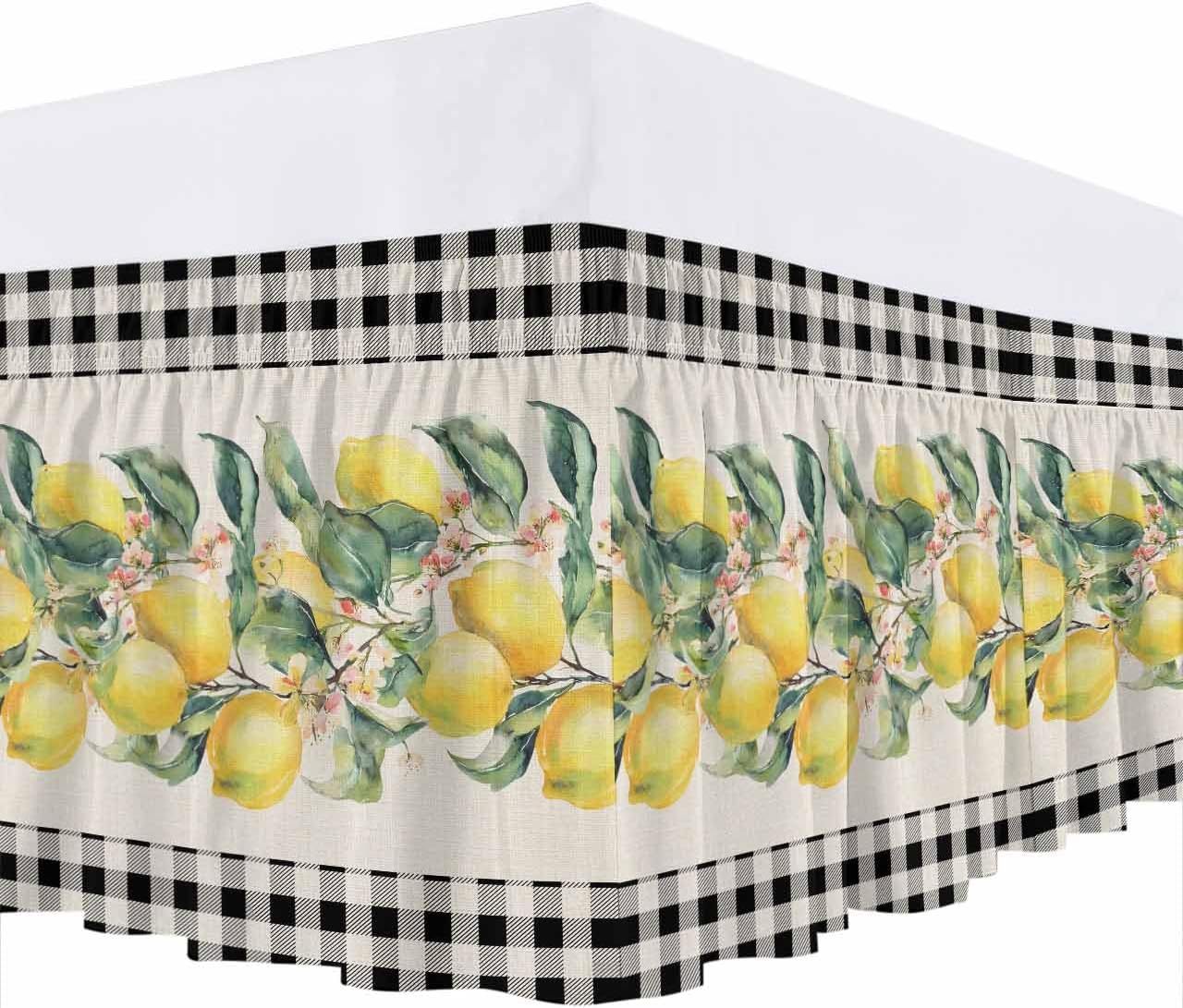 Yellow Lemons Wrap Around Bed Skirt Queen Size, Dust Ruffled 16 Inch Tailored Drop with Adjustable Elastic Belt Pleated, Summer Botanical Black White Plaid Rustic Luxury Bedding Skirts for Bedroom