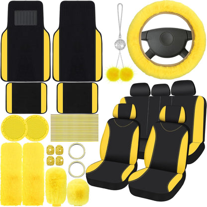 47 Car Seat Cover Full Set for Women Included Car Front Rear Seat Fluffy Steering Wheel Cover Belt Automotive Floor Mats Air Conditioner Decoration Strip Universal(Yellow)