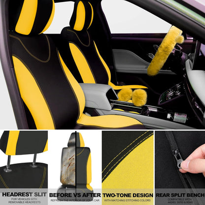 47 Car Seat Cover Full Set for Women Included Car Front Rear Seat Fluffy Steering Wheel Cover Belt Automotive Floor Mats Air Conditioner Decoration Strip Universal(Yellow)