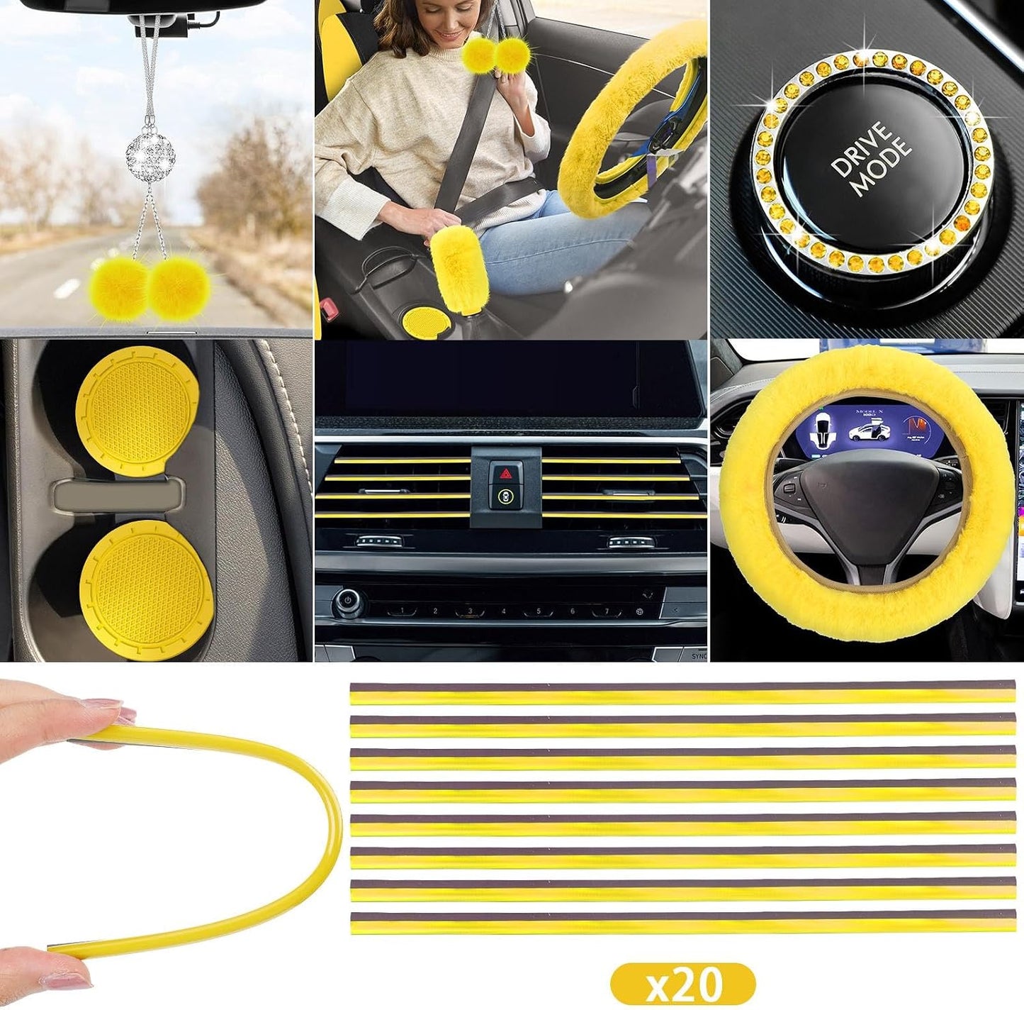 47 Car Seat Cover Full Set for Women Included Car Front Rear Seat Fluffy Steering Wheel Cover Belt Automotive Floor Mats Air Conditioner Decoration Strip Universal(Yellow)
