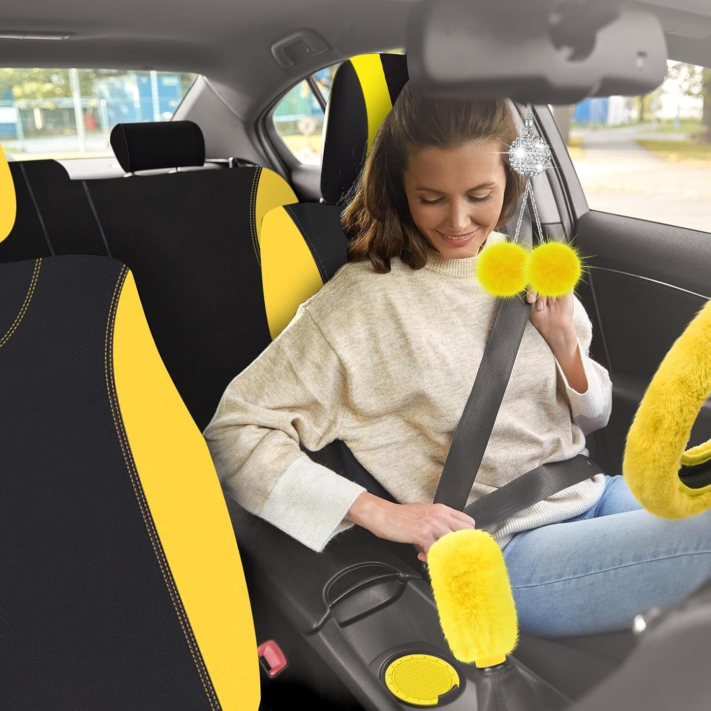 47 Car Seat Cover Full Set for Women Included Car Front Rear Seat Fluffy Steering Wheel Cover Belt Automotive Floor Mats Air Conditioner Decoration Strip Universal(Yellow)