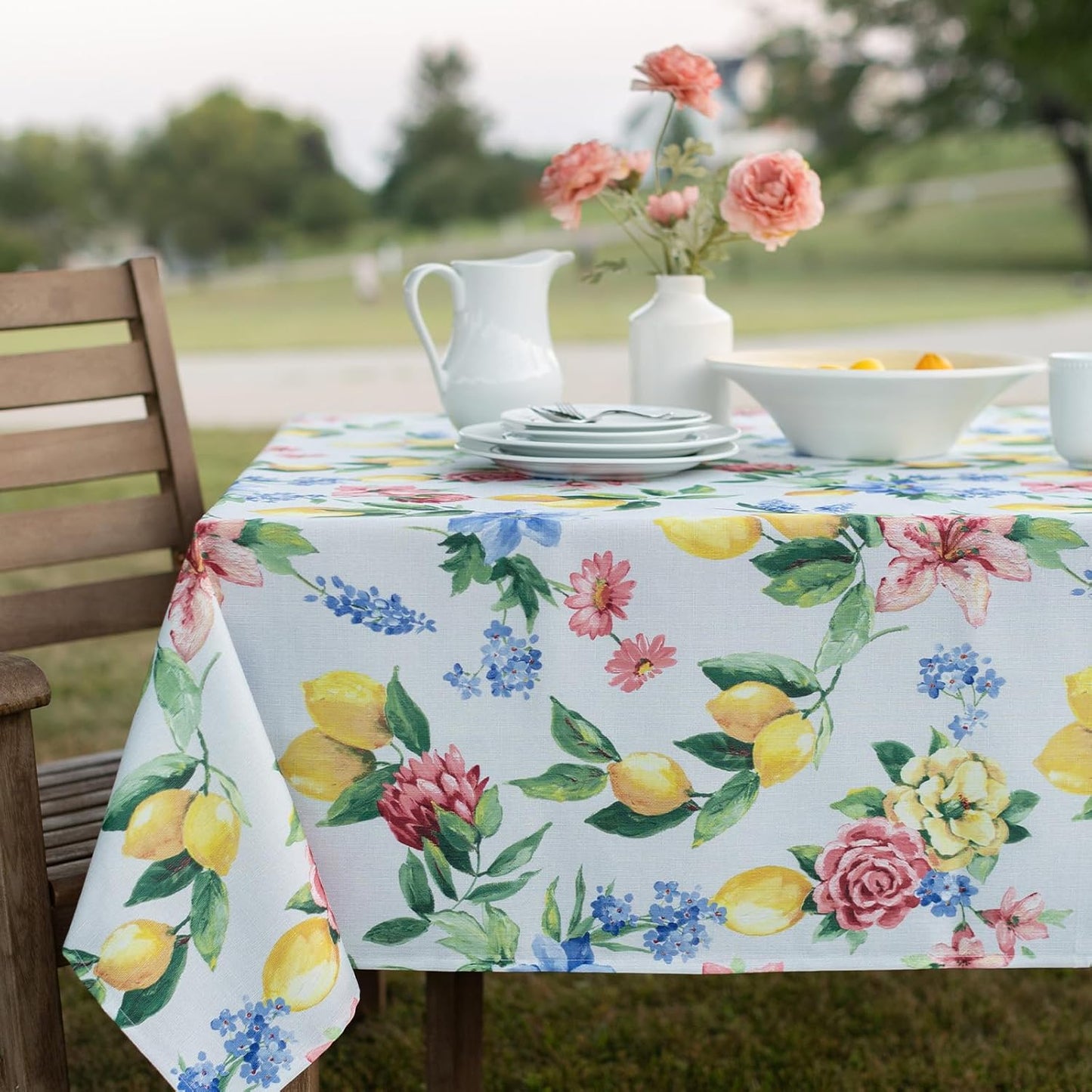 Spillproof Spring/Summer Durable Heavyweight Fabric Indoor Outdoor Tablecloth, Washable Table Cloth for Rectangle Tables, Picnic/Patio Table Covers (60" x 84" Rectangular, Lemon Bouquet)