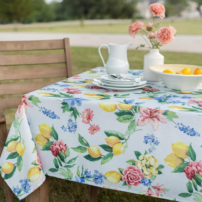 Spillproof Spring/Summer Durable Heavyweight Fabric Indoor Outdoor Tablecloth, Washable Table Cloth for Rectangle Tables, Picnic/Patio Table Covers (60" x 84" Rectangular, Lemon Bouquet)