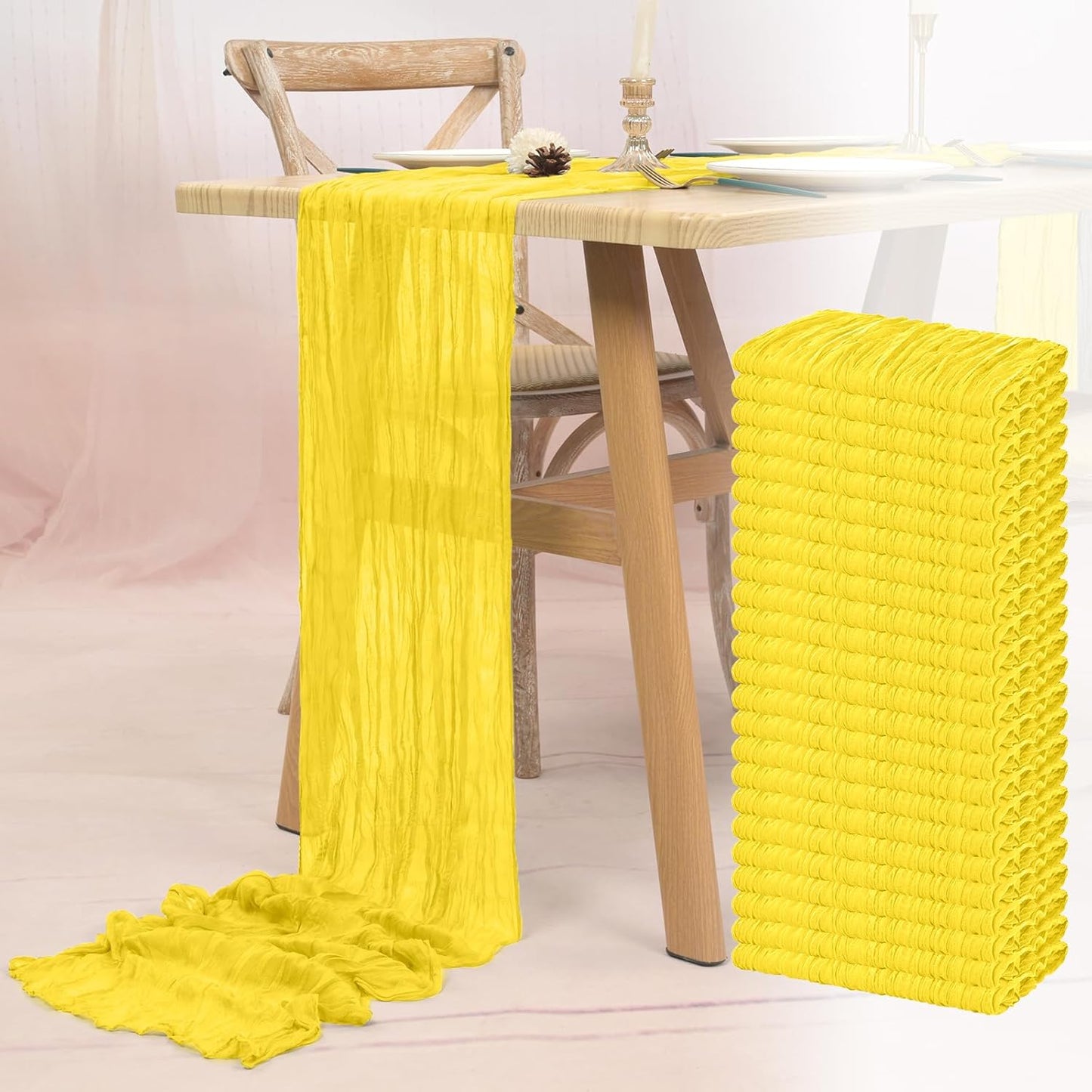 24 Pack Lemon Yellow Cheesecloth Table Runner 21.5×120 Inch | 10FT Boho Gauze Cheese Cloth Table Runner Rustic Sheer Fabric Table Runners for Wedding Bridal Shower Baby Shower Party