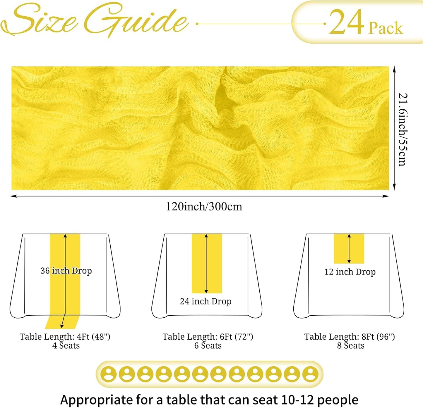 24 Pack Lemon Yellow Cheesecloth Table Runner 21.5×120 Inch | 10FT Boho Gauze Cheese Cloth Table Runner Rustic Sheer Fabric Table Runners for Wedding Bridal Shower Baby Shower Party