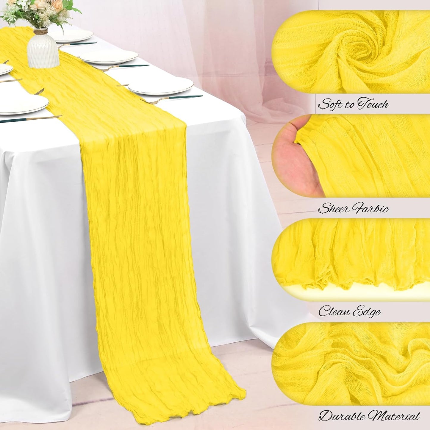24 Pack Lemon Yellow Cheesecloth Table Runner 21.5×120 Inch | 10FT Boho Gauze Cheese Cloth Table Runner Rustic Sheer Fabric Table Runners for Wedding Bridal Shower Baby Shower Party