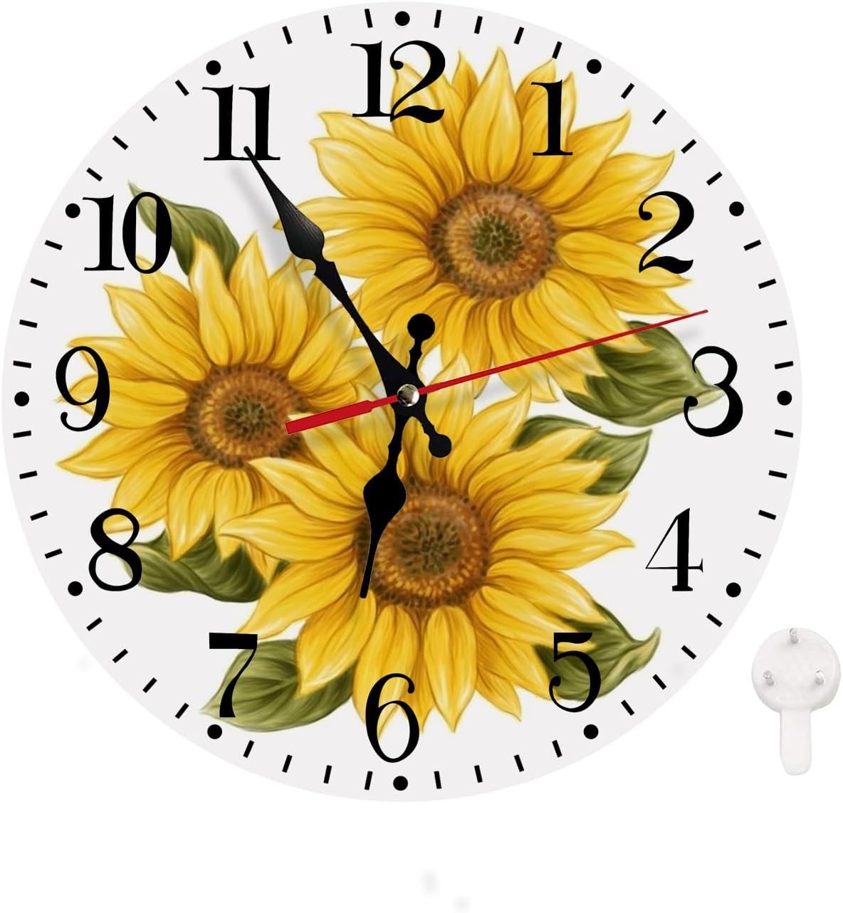 Round Wall Clock Battery Operated Clocks Wallclock 10 Inch,Yellow Sunflowers on White Silent Non Ticking Wall Clock for Living Room,Kitchen,Home,Bathroom,Bedroom,Office or School