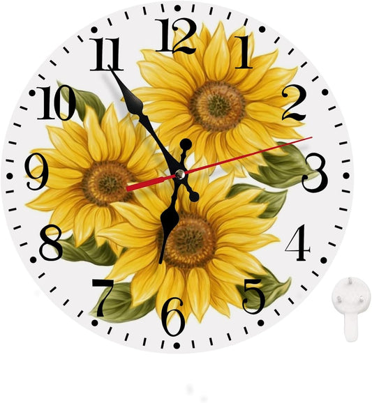 Round Wall Clock Battery Operated Clocks Wallclock 10 Inch,Yellow Sunflowers on White Silent Non Ticking Wall Clock for Living Room,Kitchen,Home,Bathroom,Bedroom,Office or School