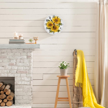 Round Wall Clock Battery Operated Clocks Wallclock 10 Inch,Yellow Sunflowers on White Silent Non Ticking Wall Clock for Living Room,Kitchen,Home,Bathroom,Bedroom,Office or School
