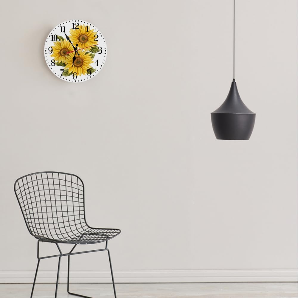 Round Wall Clock Battery Operated Clocks Wallclock 10 Inch,Yellow Sunflowers on White Silent Non Ticking Wall Clock for Living Room,Kitchen,Home,Bathroom,Bedroom,Office or School