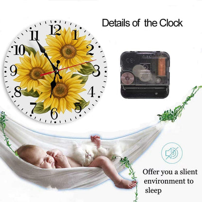 Round Wall Clock Battery Operated Clocks Wallclock 10 Inch,Yellow Sunflowers on White Silent Non Ticking Wall Clock for Living Room,Kitchen,Home,Bathroom,Bedroom,Office or School