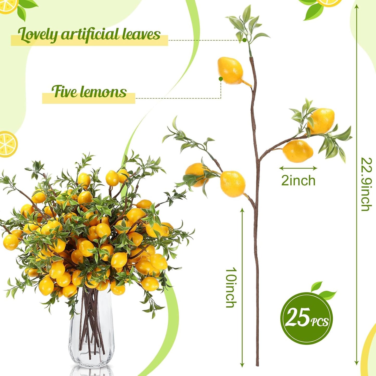 25 Pcs Artificial Lemon Decor 22.9 Inch Fake Lemons Branch Decoration Vivid Yellow Lemon Branches 5 Head Faux Lemons with Stem Lemon Decorations for Kitchen Table Vase Home Farmhouse Party