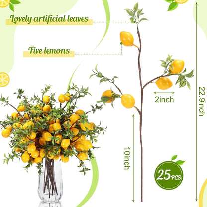 25 Pcs Artificial Lemon Decor 22.9 Inch Fake Lemons Branch Decoration Vivid Yellow Lemon Branches 5 Head Faux Lemons with Stem Lemon Decorations for Kitchen Table Vase Home Farmhouse Party