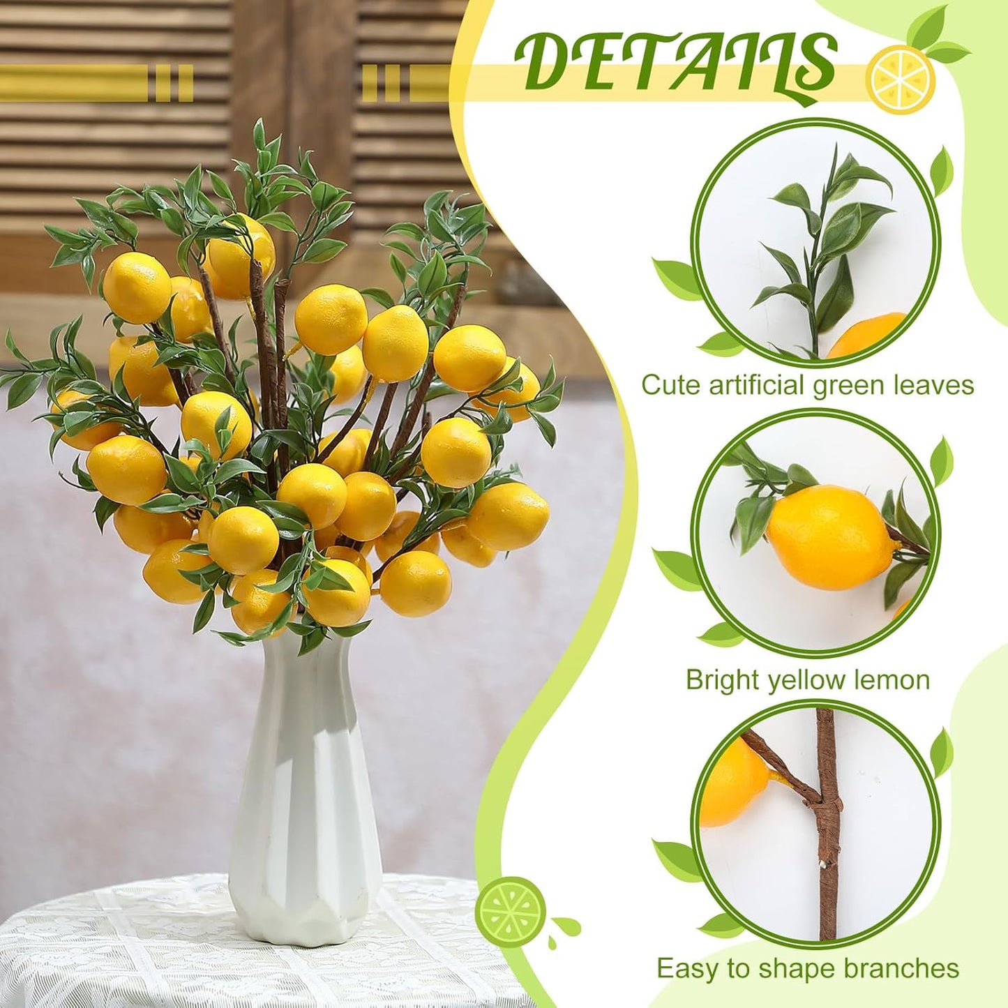 25 Pcs Artificial Lemon Decor 22.9 Inch Fake Lemons Branch Decoration Vivid Yellow Lemon Branches 5 Head Faux Lemons with Stem Lemon Decorations for Kitchen Table Vase Home Farmhouse Party