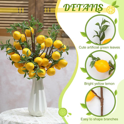 25 Pcs Artificial Lemon Decor 22.9 Inch Fake Lemons Branch Decoration Vivid Yellow Lemon Branches 5 Head Faux Lemons with Stem Lemon Decorations for Kitchen Table Vase Home Farmhouse Party