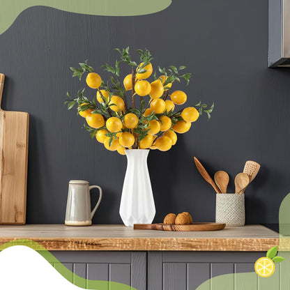 25 Pcs Artificial Lemon Decor 22.9 Inch Fake Lemons Branch Decoration Vivid Yellow Lemon Branches 5 Head Faux Lemons with Stem Lemon Decorations for Kitchen Table Vase Home Farmhouse Party
