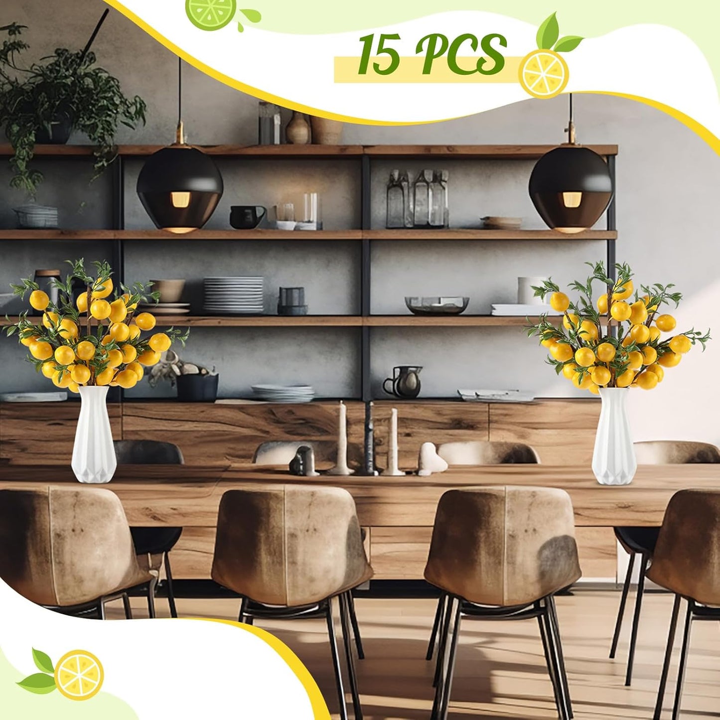 25 Pcs Artificial Lemon Decor 22.9 Inch Fake Lemons Branch Decoration Vivid Yellow Lemon Branches 5 Head Faux Lemons with Stem Lemon Decorations for Kitchen Table Vase Home Farmhouse Party