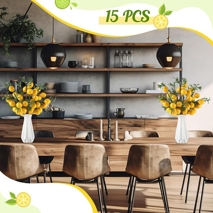 25 Pcs Artificial Lemon Decor 22.9 Inch Fake Lemons Branch Decoration Vivid Yellow Lemon Branches 5 Head Faux Lemons with Stem Lemon Decorations for Kitchen Table Vase Home Farmhouse Party