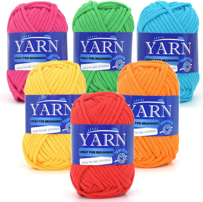 Bright Series Cotton Crochet Yarn - Blue, Green, Pink, Red, Yellow, Orange - Easy-to-See Stitches for Beginners