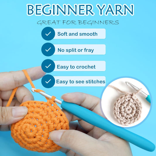 Bright Series Cotton Crochet Yarn - Blue, Green, Pink, Red, Yellow, Orange - Easy-to-See Stitches for Beginners