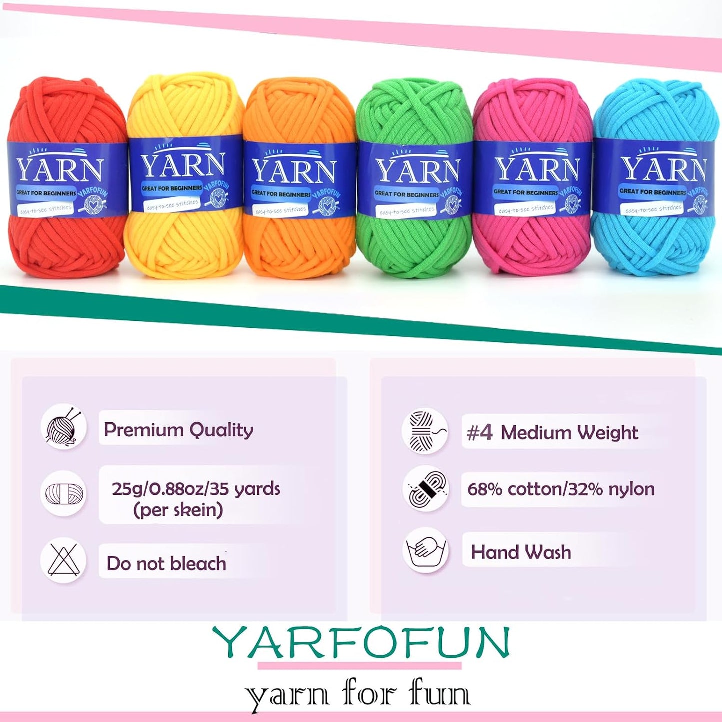 Bright Series Cotton Crochet Yarn - Blue, Green, Pink, Red, Yellow, Orange - Easy-to-See Stitches for Beginners
