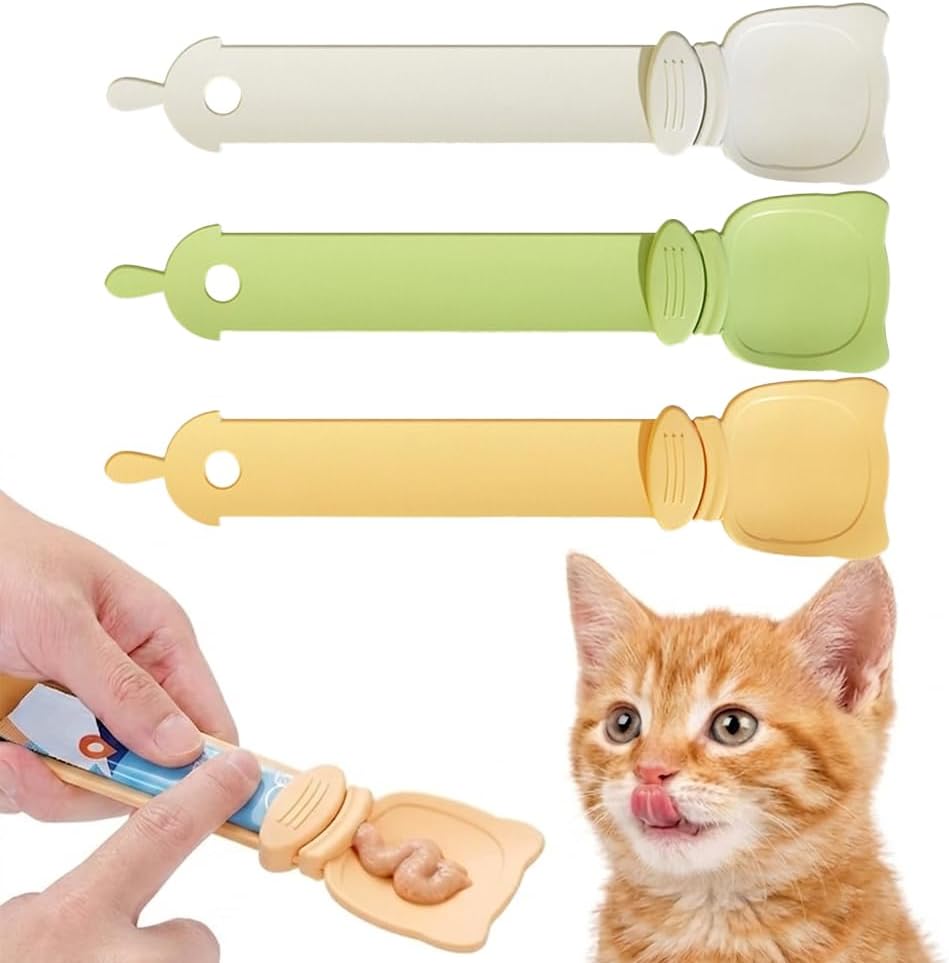 Lickable Cat Treat Spoon Kitten Strip Squeeze Spoons, Beige+Green+Yellow | Pet Food Dispenser for Wet Food & Tube Treats