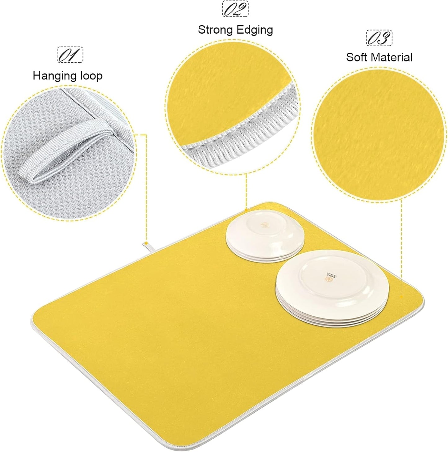 Dish Drying Mat for Kitchen Counter Absorbent Microfiber Dry Dishes Mats Drainer Counter Mat Yellow Drying Dish Pad 16 x 18 Inch for Countertops Decor