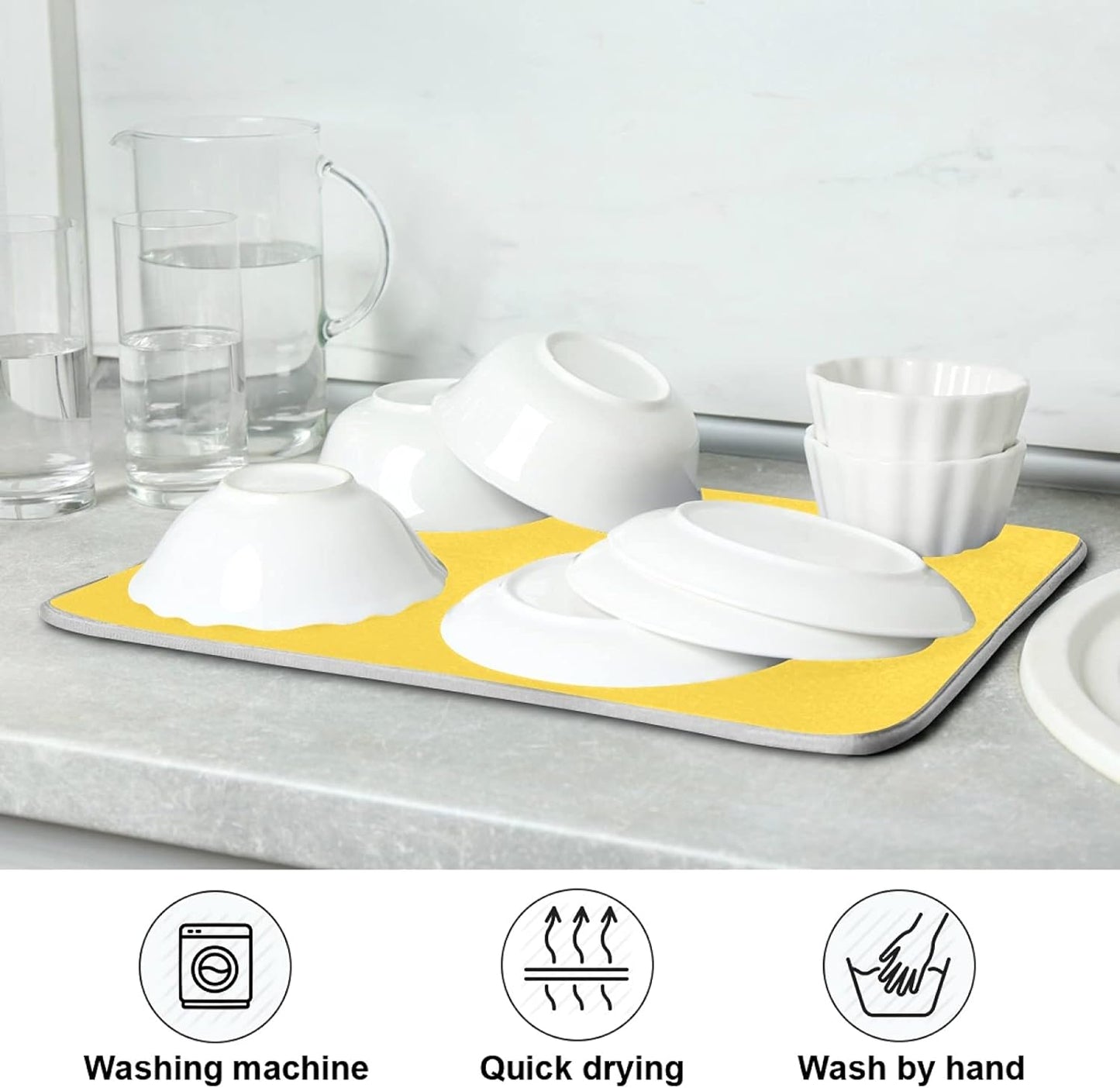Dish Drying Mat for Kitchen Counter Absorbent Microfiber Dry Dishes Mats Drainer Counter Mat Yellow Drying Dish Pad 16 x 18 Inch for Countertops Decor